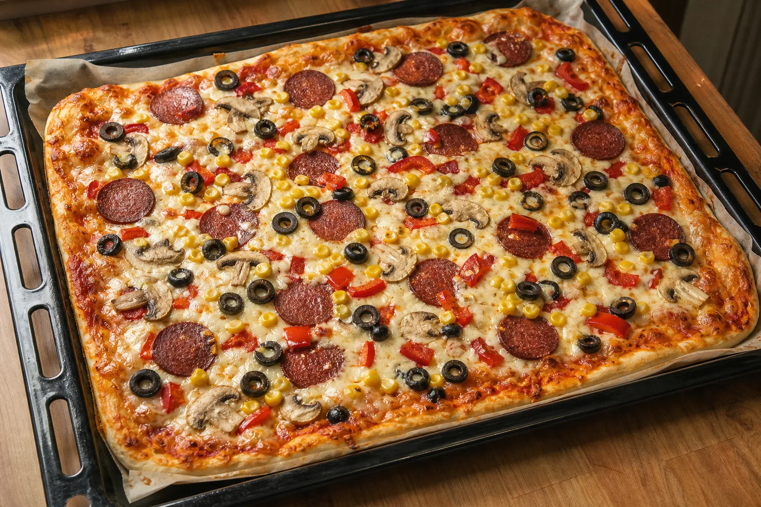Fırın Tepsisinde Bol Malzemeli Ev Pizzası